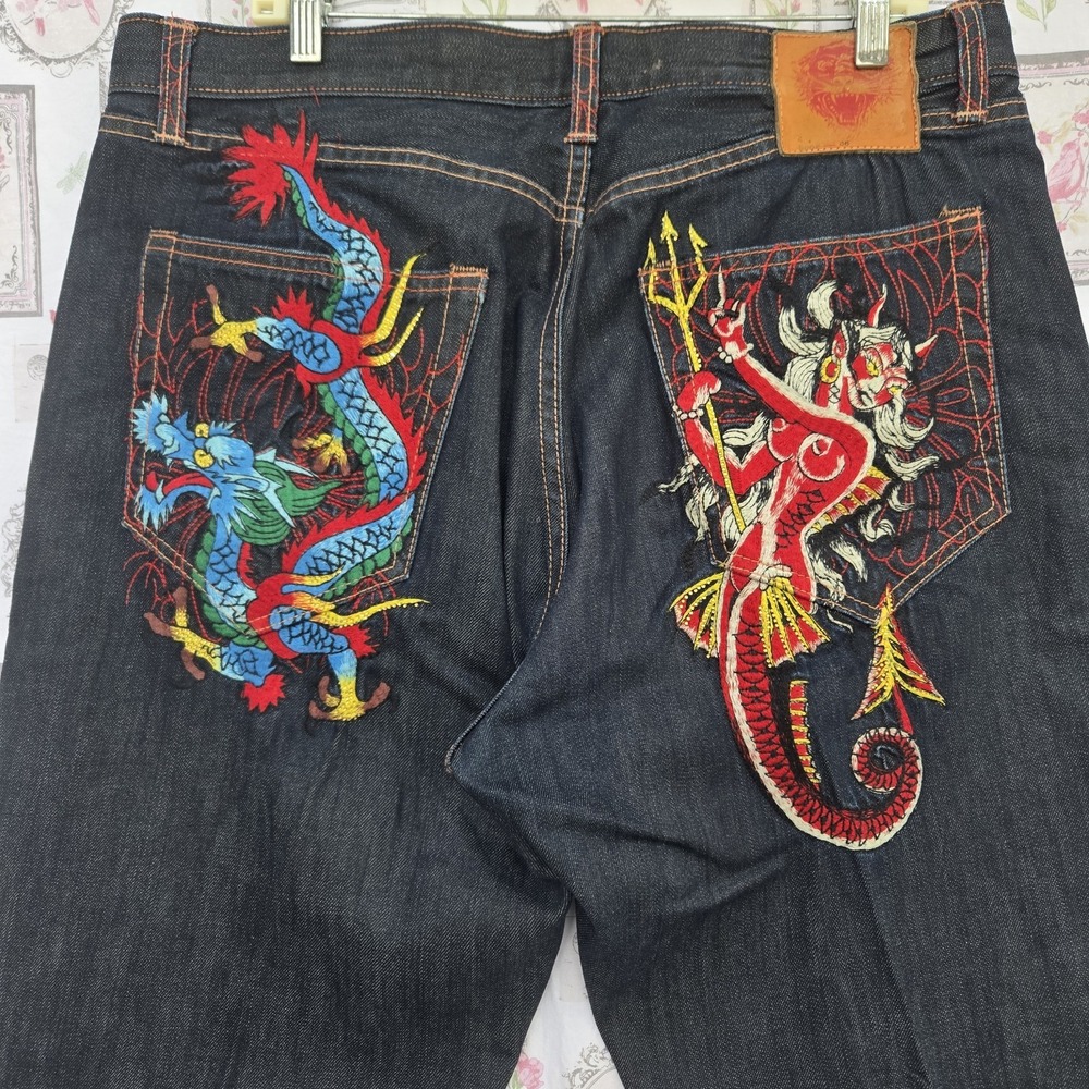 Rare VTG Ed Hardy Mens Blue Dragon Mermaid Embroidered Denim Jeans 38x34 Baggy